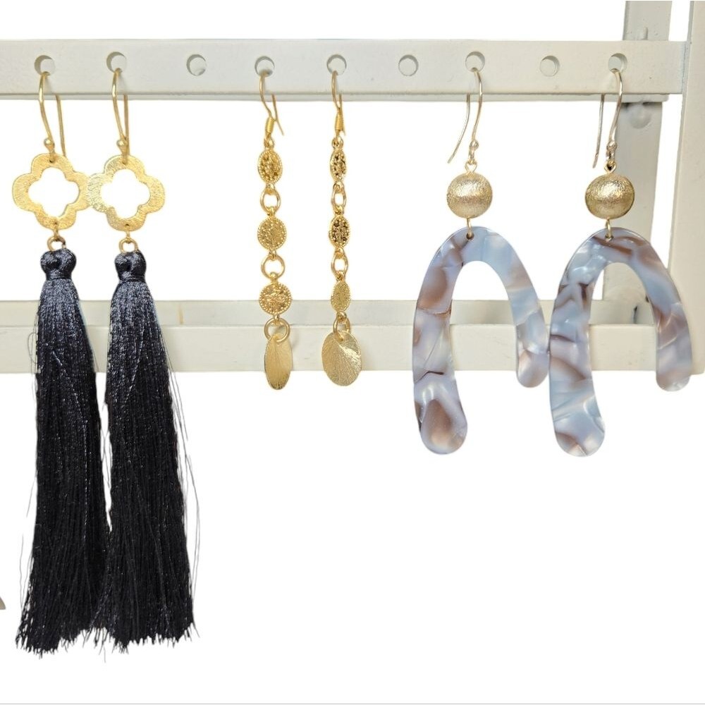 Set 3 Pair Earrings Tassel Coin Acetate Acrylic Large Long Gold Black Gray Gift